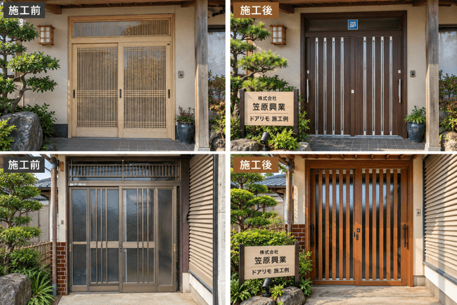 玄関ドアリフォームの施工前・施工後の比較（和風引き戸の施工例）