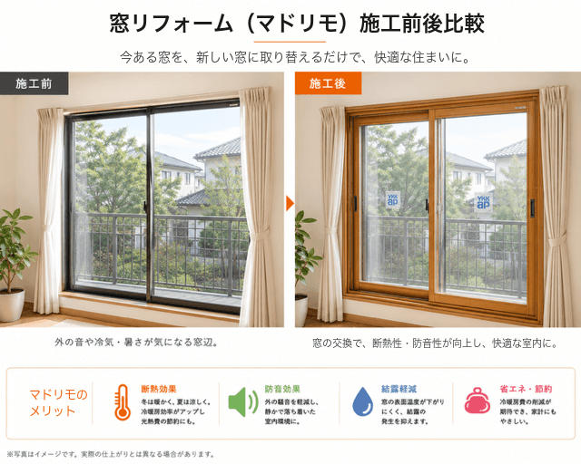 内窓（二重サッシ）の施工前・施工後の比較と内窓のメリット（木目枠の施工例）